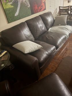 Brown leather couch / with ottoman and chair