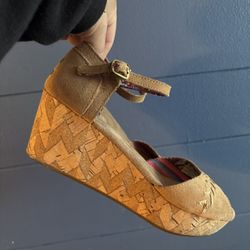 TOMS  Brown Suede Cork Wedge Platform Sandals Shoes