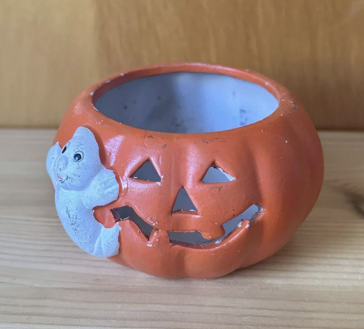 Vintage Halloween Jack O Lantern Pumpkin & Ghost Ceramic Candle Holder