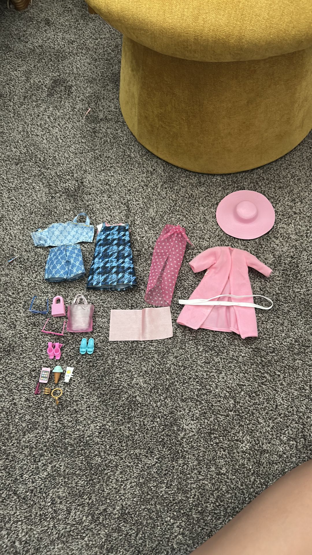 Barbie clothes, bags, glasses, and other.