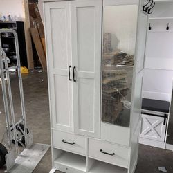 LIKIMIO 3 Doors Armoire Wardrobe Closet with Mirror, 2 Shoe Racks, 70" H Wooden Bedroom Armoires with 2 Drawers and Adjustable Shelves