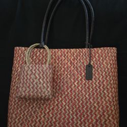 Lauren Ralph Lauren Straw Tote Bag With Mini Bag  Red 19"(with Handle)x14"x5"