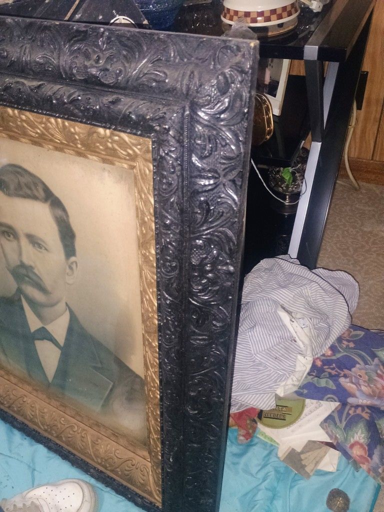 1800s Picture Framed. Charcoal Drawn On Original Canvas