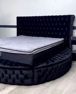 Round Queen Bed With Storage and Tufted Headboard velvet