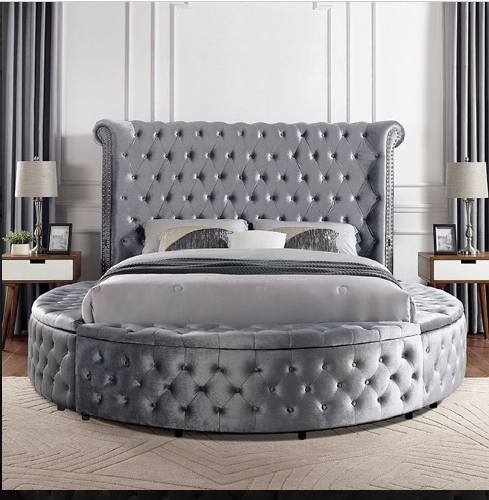 Round Bed Grey Velvet Tufted Storage Bed