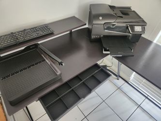 Desk, Hp Printer,paper cutter, Keyboard