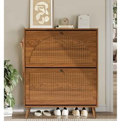 Modern Shoe Storage Cabinet with 2 Flip Drawers for Entryway, Walnut