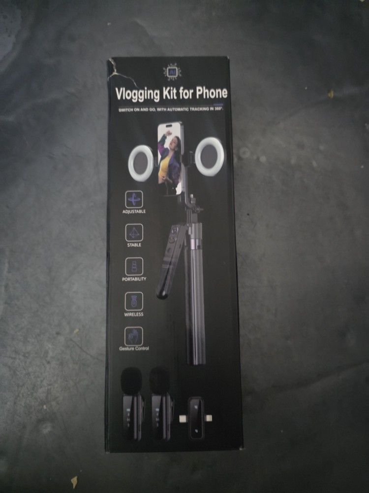 Vlogging Kit for iPhone/Android, 63”Auto Face Tracking Tripod for iPhone with Light, Wireless Microphones, Scrolling Remote Control for TikTok, Conten