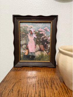 Vintage Framed Art Print of Girl with Flower Basket