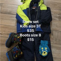 Snow set Kids size 3T $35 Boots size 8 $15