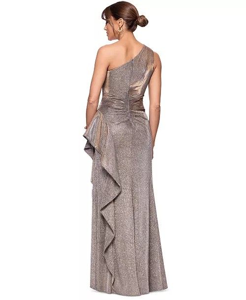 green emerald velvet dress Xscape Women's Long Glitter Metallic Off The Shoulder Ruffle Gown, 12 main image 1