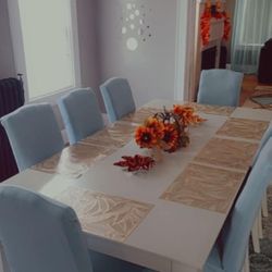 8 PC Dining Room Set Light Blue & Cream