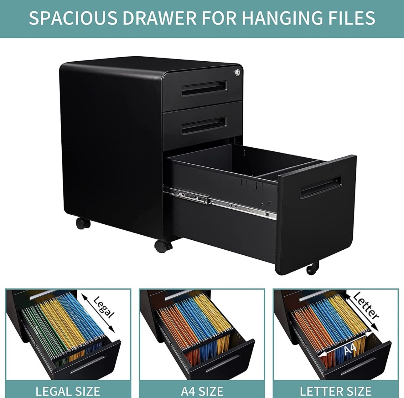 MIIIKO Mobile Filing Cabinet 3 Drawer, Rolling Small File Cabinet