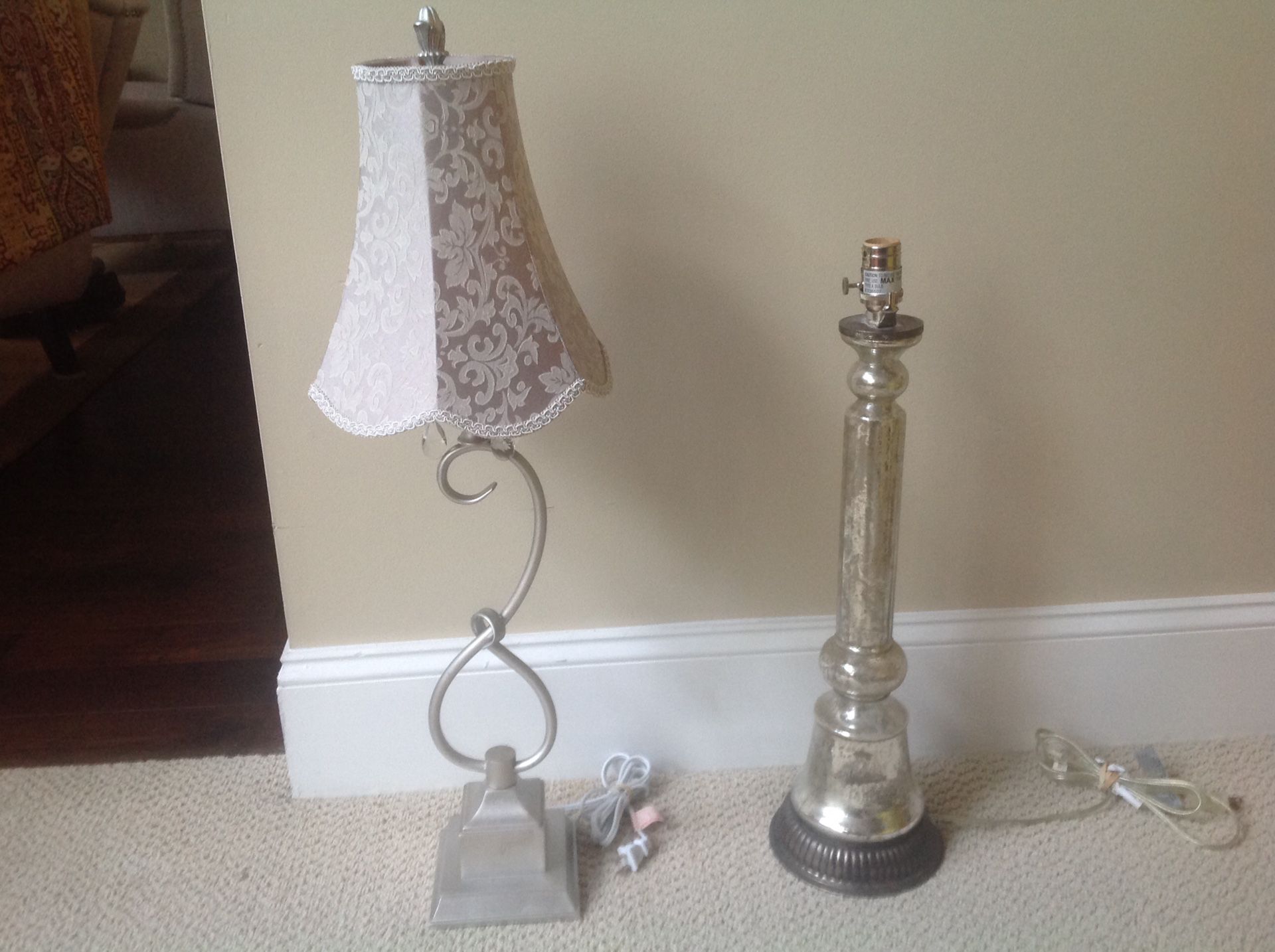 The prettiest lamps mercury glass one is pottery barn 35-45 each. Have other floor ones too