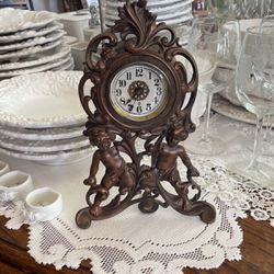 Edwardian 1902 Antique Brass Mantel Clock Western Clock Co. Works Cherubs Child