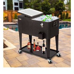 80 Quart Rolling Ice Chest, Portable Patio Party Bar Drink Cooler Cart, with Shelf, Beverage Pool with Bottle Opener (Brown) 