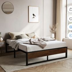 Queen Size Metal Platform Bed Frame with Wooden Board & Underbed Storage, Mattress Founda