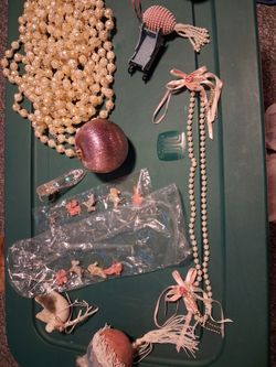 Assorted Victorian Christmas ornaments and beads,  storage container included