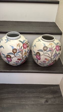 Vintage Asian Style Floral Ceramic Vase Pair