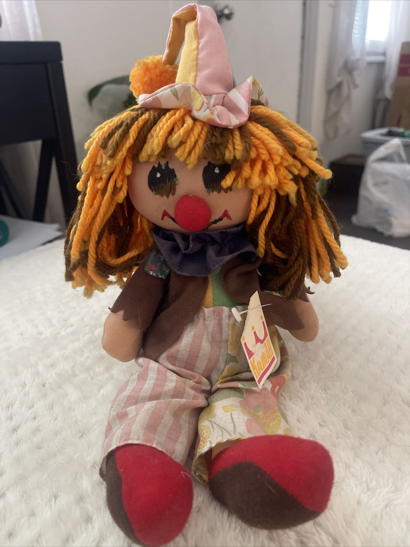 Vintage Cloth Clown Doll KAMAR CO Bobbie Raggy Hair, Button Red Nose 12 #19
