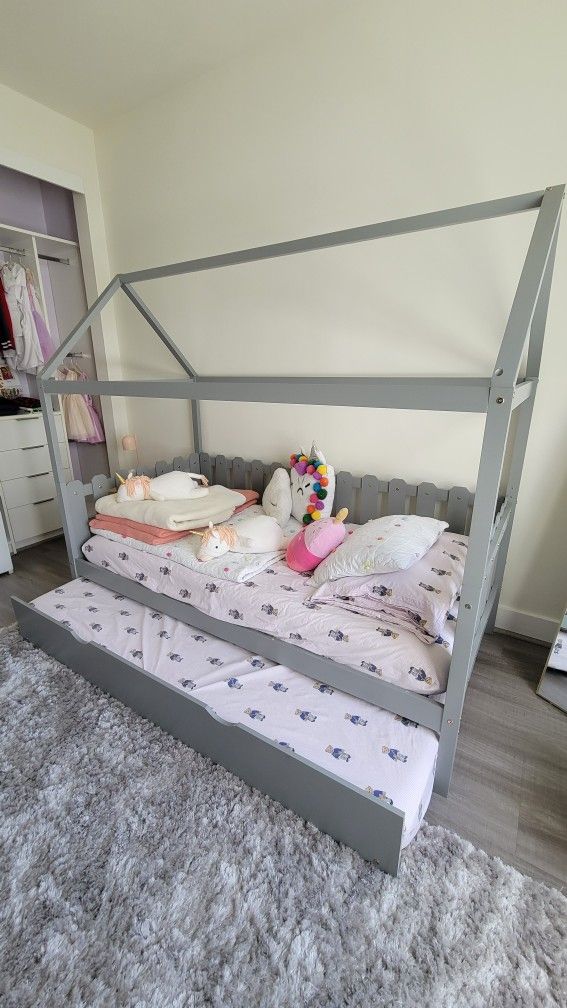 Grey Kids House Bed With Trundle 