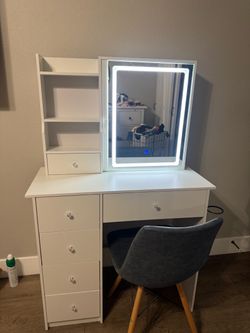 White Vanity Desk with LED Mirror and Drawers