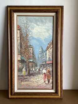 Vintage Framed Oil on Canvas Painting A Parisian Street Scene by artist Hamilton
