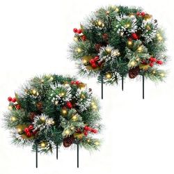 Set of 2 Pre-Lit Artificial Christmas Greenery Stakes Festive artificial greenery stakes come in a set of two. Each stake has green pine needles, red 