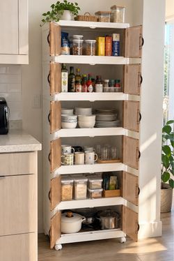 6-tier Tall Kitchen Pantry Cabinet with Doors on Wheels