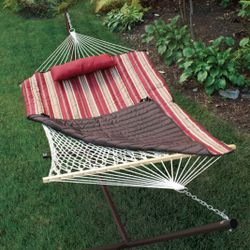 Algoma Deluxe Hammock Set - Includes Rope Hammock, Padded Quilt, Pillow, Stand, Storage Bag, Drink and Media Holder