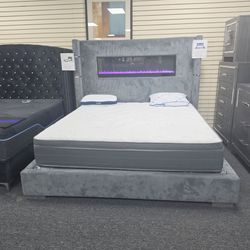 Gray Upholstered Bed with Fireplace Headboard 🚚WE DELIVER🚚