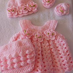 Crochet Baby Girl Pink Rosebud Heirloom Dress Set Photo Prop 