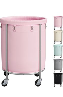 Laundry Basket with Wheels, Round Rolling Laundry Hamper, Pink