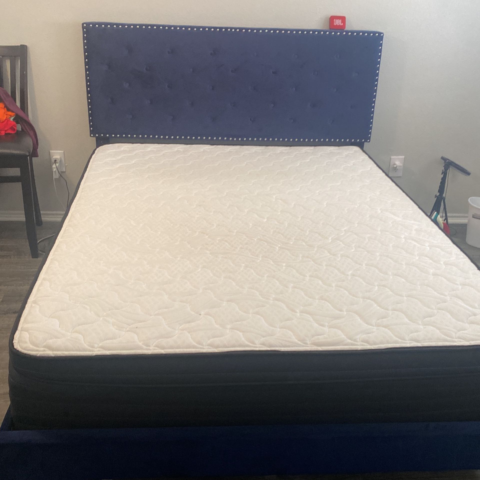 Queen Size Royal blue Tufted Bed Frame And Mattress