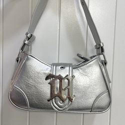 Silver Faux Leather Purse Shoulder Bag 