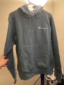 Vintage 90s Champion Reverse Weave Blue Teal Hoodie Sweater Large Spellout Logo