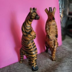 Hand Carved Wood Zebra & Giraffe 