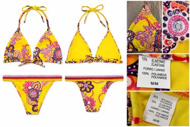 Yellow Beaded Bikini Set – Size Medium – Boho Crochet Trim Swimwear