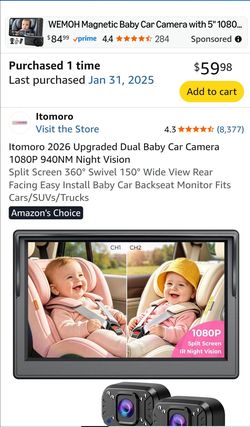 Itomoro Dual Baby Car Camera 1080P Night Vision