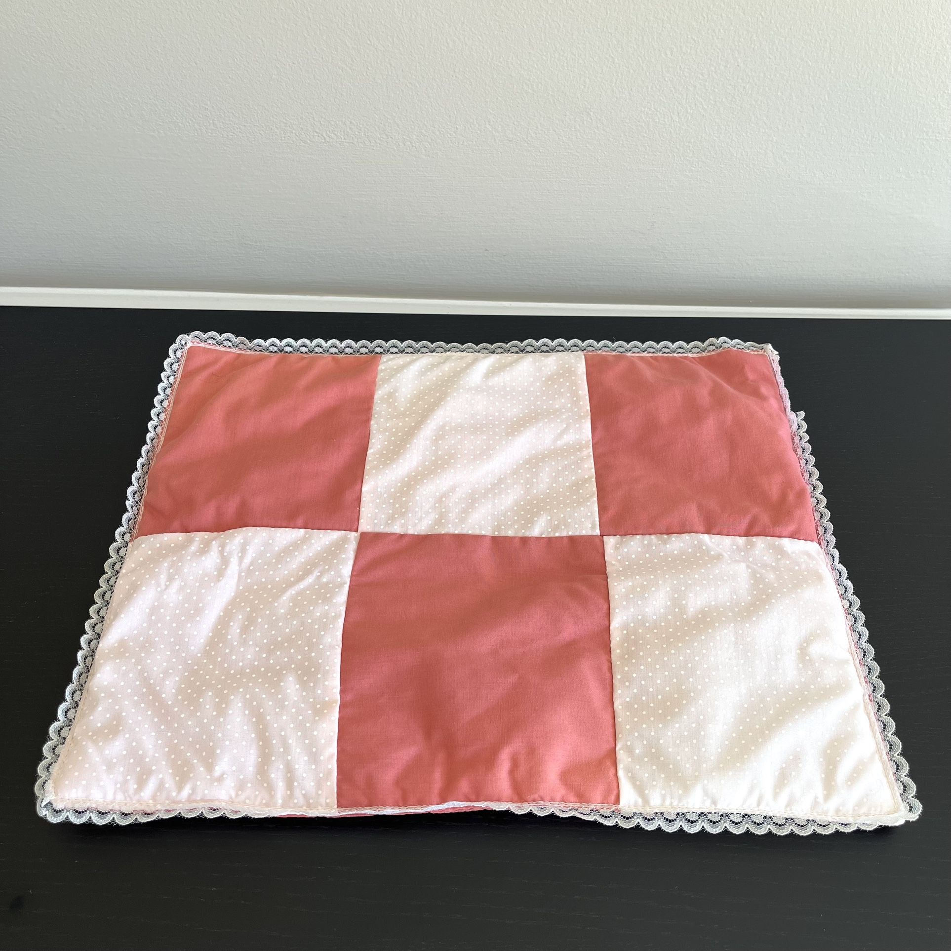 Vintage Baby Doll Blanket Quilt Pink Polka Dot Lace Trim 14 X 11.5 in