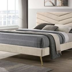 Brand New Beige Mid Century Modern Style Queen Bed Frame (Available In California & Eastern King)