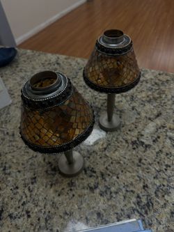 Pottery Barn 10" Brass Candle Holders With Mosaic Shade