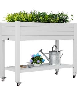 Elevate 33.7" Tall Raised Garden Bed with Wheels, Divisible Resin Planter Box with Drainage Gauge & Storage Shelf, Herb Planter for Garden Patio Backy
