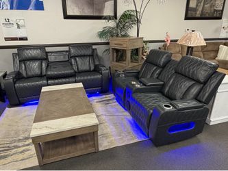 Gray Sofa & Loveseat Power Recliners & Wireless Charging / Bluetooth Speakers