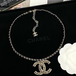 Light Gold Big C Black Leather Necklace