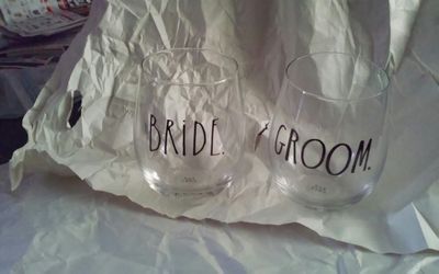 Rae Dunn Bride and Groom stemless wine or juice glasses - New