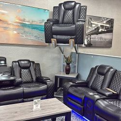 3 Pieces Black Breathing Leather Recliner Sofa Set