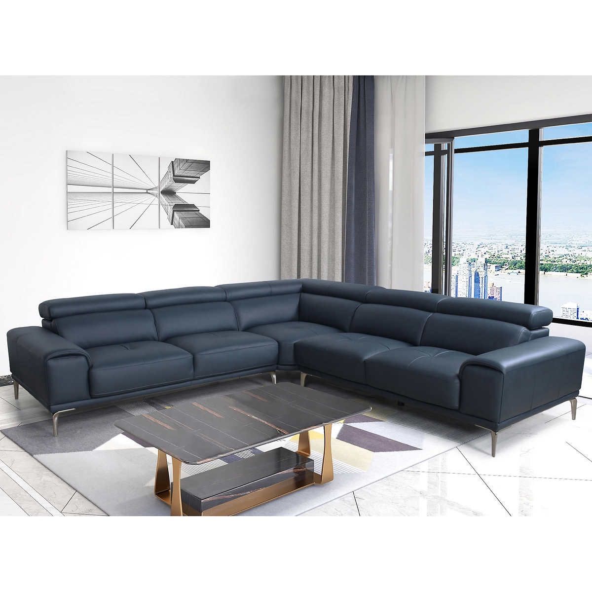 Quinton Top Grain Leather Sectional, Blue | BRAND NEW