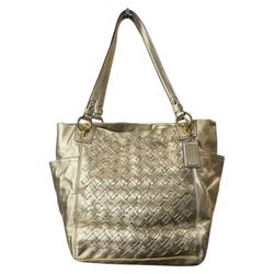 Coach North South Metallic Gold Woven Leather Shoulder Bag Tote EUC #F17099
