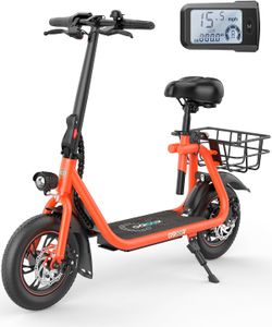 Gyroor Electric Scooter for Adults with Seat, 20/25 Miles Range 450W Motor up to 15.5/18.6 MPH Speed LCD Display, Electric Scooter with Basket Orange 